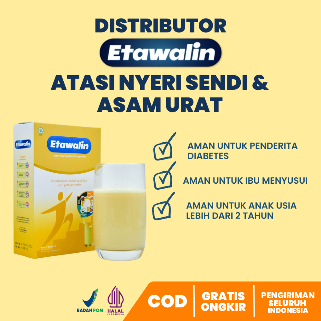 

Etawalin Asli Atasi Nyeri Sendi Asam Urat Nyeri Otot Rematik Pegal Linu Kolestrol dengan Susu Kambing Etawa Pilihan dan Bahan Herbal Alami Dijamin Aman Sudah BPOM dan Halal