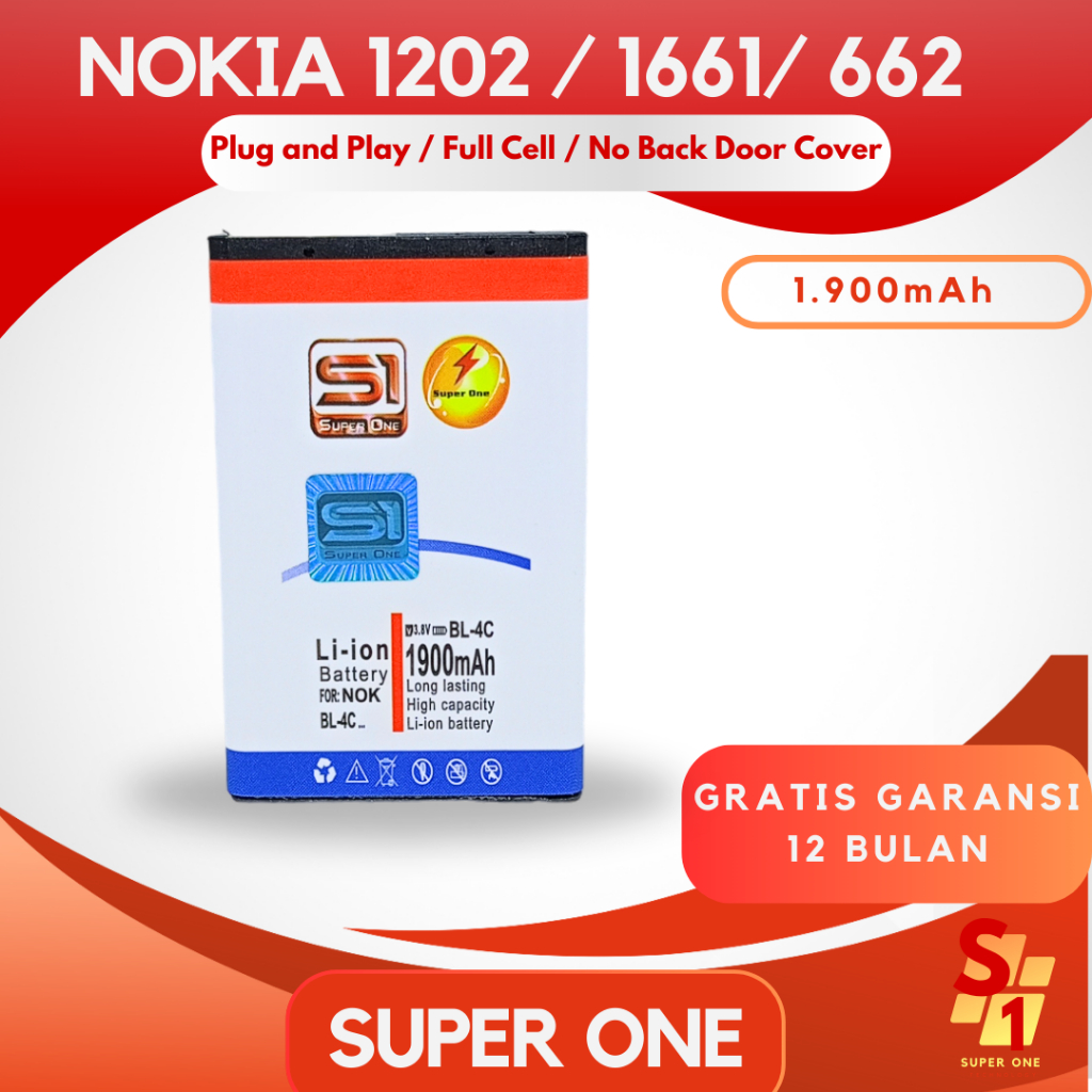 Super One - Original Baterai Nokia 1202 / 1661/ 662 Battery 1.900mAh For HP Type BL-4C Batre Power