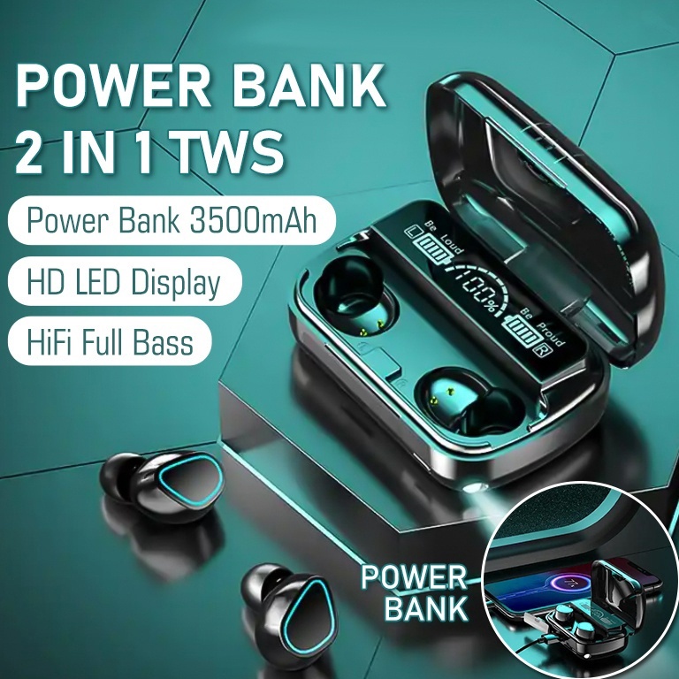 WSM1 Headset Bluetooth Full Bass Stereo 35mAh Power Bank Wireless Earphone Tahan Air TWS With Mic He