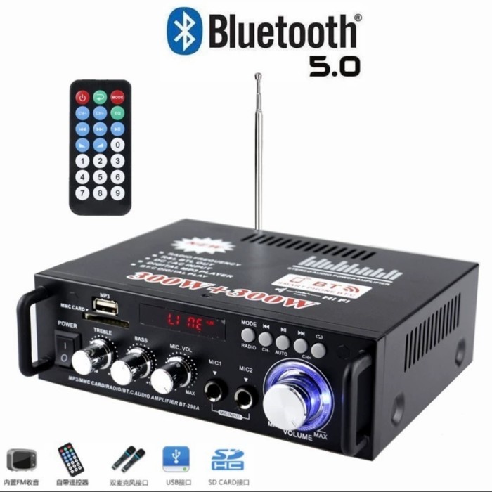 Amplifier BT-298A Bluetooth EQ Audio Ampli 300+300 Watt Karaoke Home Theater FM Radio 600W BT298A