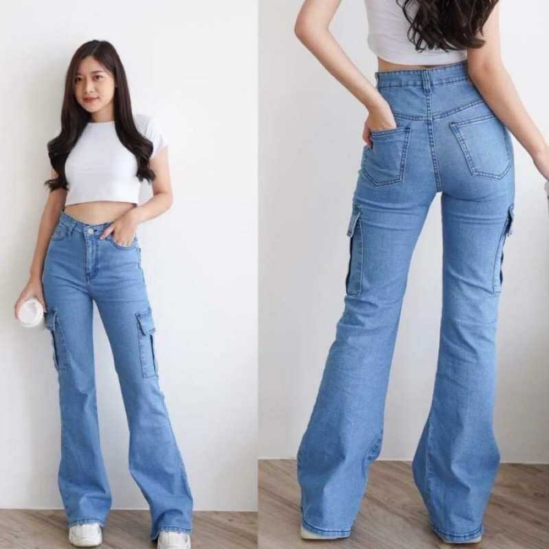 CELANA CUTBRAY FLARED CARGO JEANS HIGHWAIST WANITA SKINNY STREACH MELAR CELANA CUTBRAY HIGHWAIST KAN