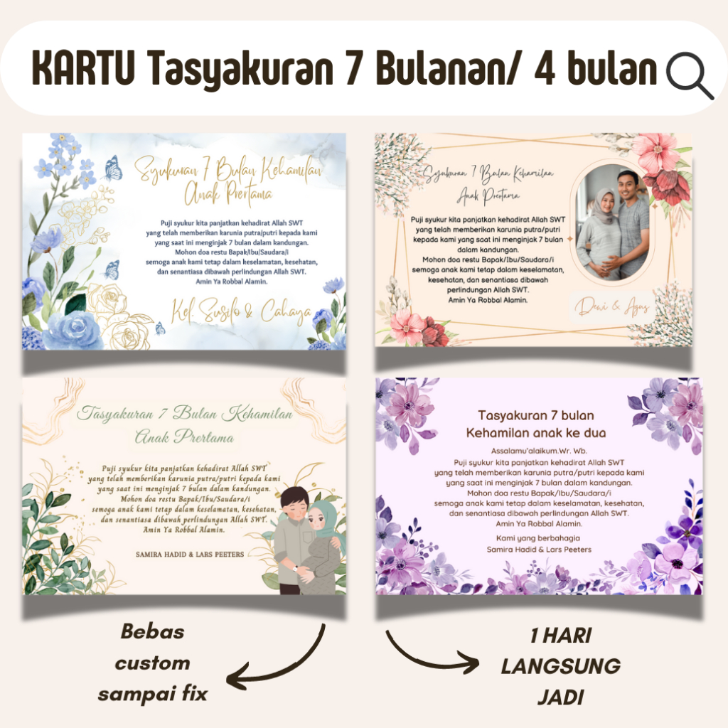KARTU TASYAKURAN 7 BULANAN CUSTOM, KARTU 4 BULANAN KEHAMILAN, KARTU TERIMAKASIH BESEK 7 BULANAN, KAR