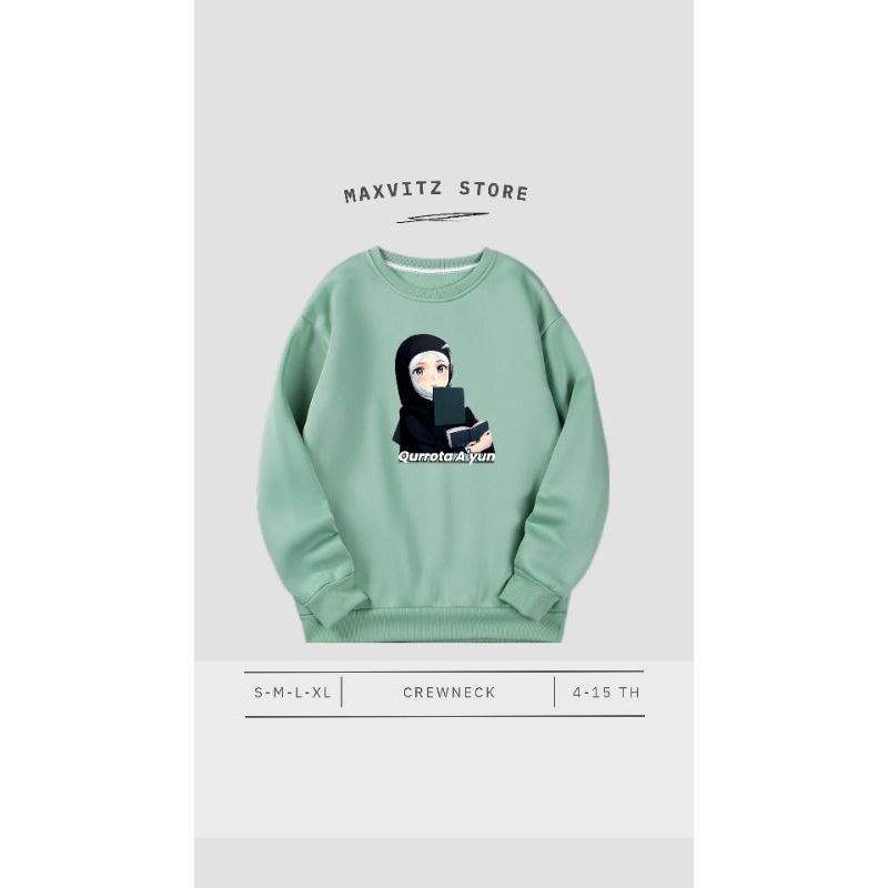 Crewneck Anak Sweater Hoodie SWEATSHIRT Hijau Mint Anak Perempuan Anime Hijab lucu Hijau Mint Smooth