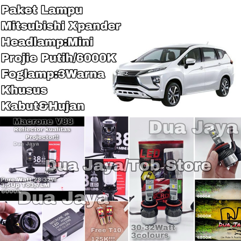 PAKET LAMPU MOBIL MITSUBISHI XPANDER H4 MACRONE V88 PROJECTOR HEADLAMP FOGLAMP MC6 3WARNA