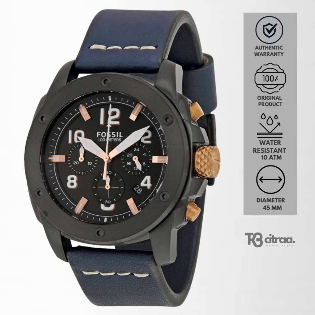 jam tangan fashion pria Fossil Modern Machine analog strap kulit Chronograph Blue Leather Strap wate