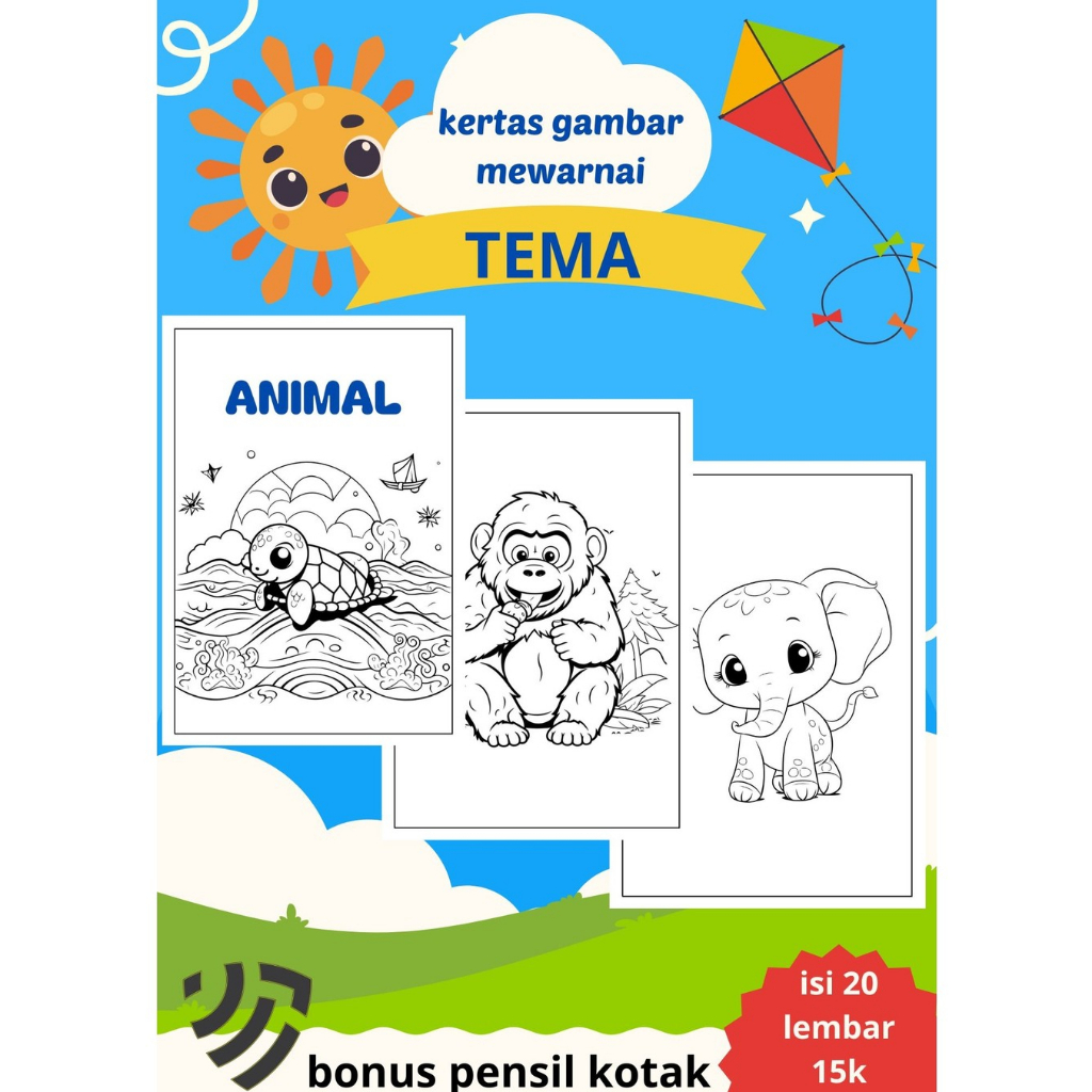 

kertas gambar mewarnai tema animals bonus pensil kotak