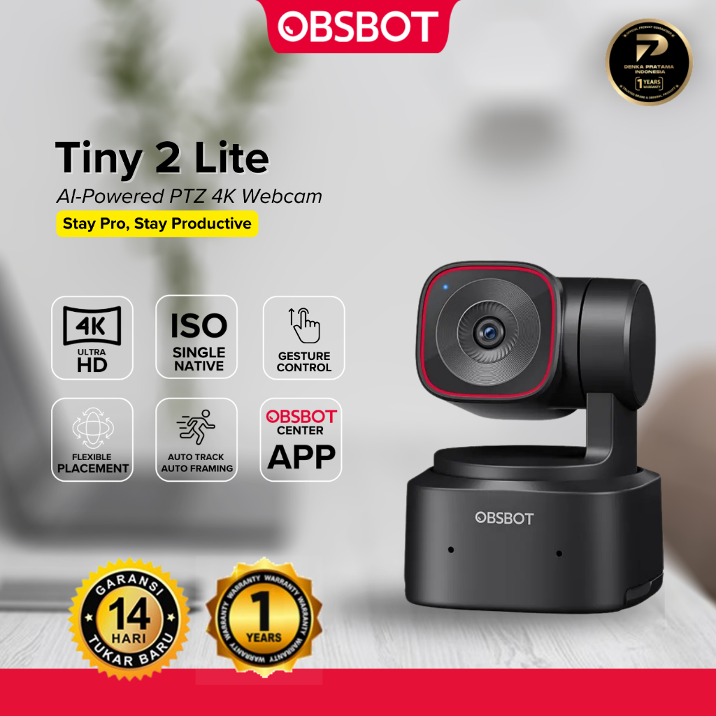 OBSBOT - Tiny 2 Lite Webcam Camera PTZ 4K 30FPS 48MP dengan AI Tracking, Zoom Otomatis, Gestur, Prak