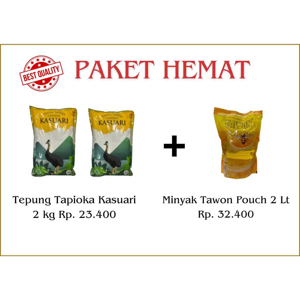 

Combo Tepung Tapioka Cap Burung Kasuari 2 kg + Minyak Tawon Pouch 2 kg - 1 paket