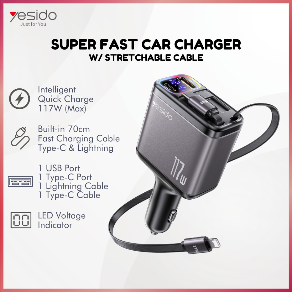 YESIDO Super Fast Car Charger 117W Max with Stretchable 70cm Cable Lightning Type-C PD Fast Charging