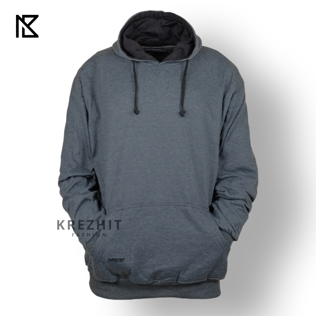Krezhit Jaket Polos Hoodie Pria Casual Bahan Katun Fleece Tebal Warna Abu-abu