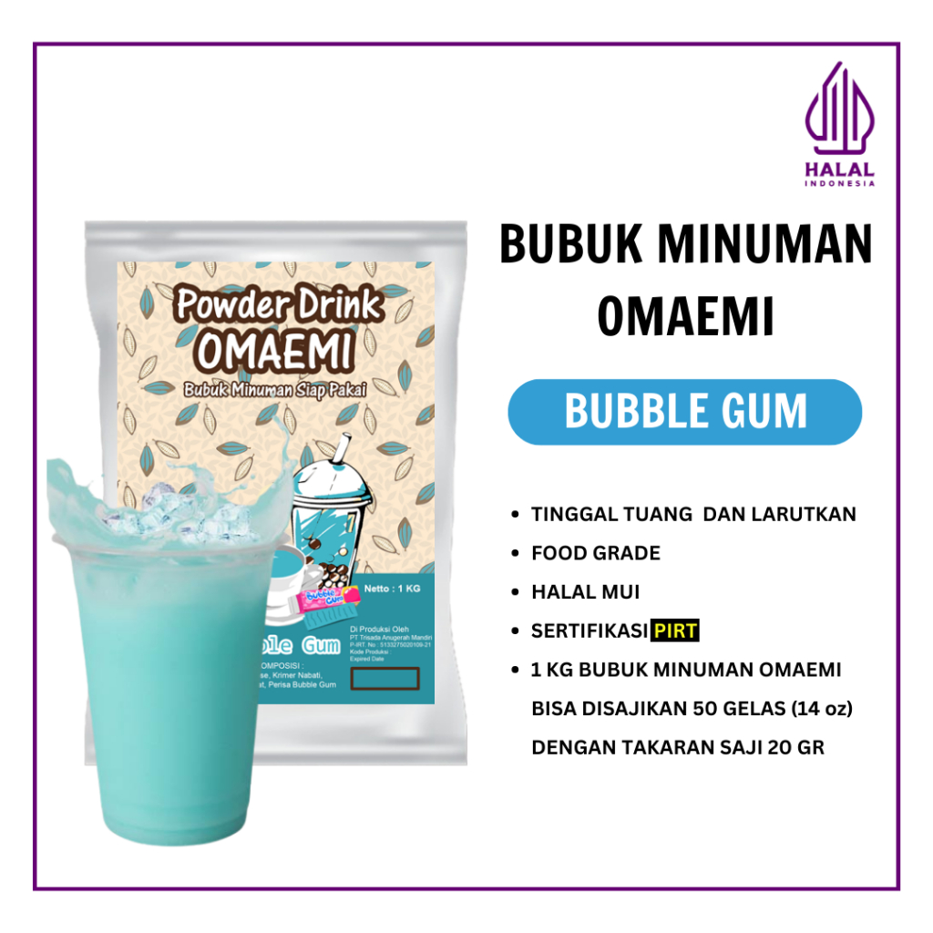 

BUBUK MINUMAN RASA BUBBLE GUM (PERMEN KARET) KEMASAN 1 KG HALAL
