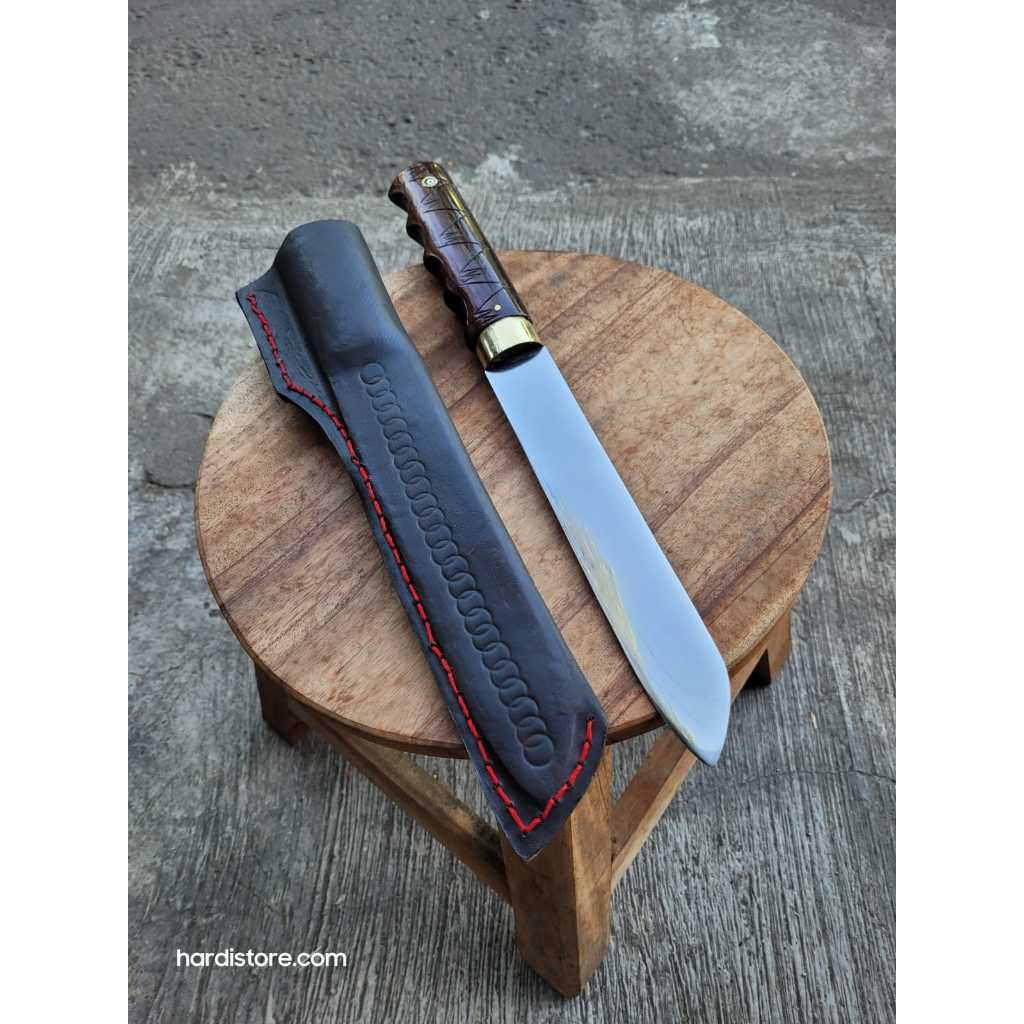 Pisau Sembelih Unggas dan Kambing 20 cm Baja L6 Handle Kayu Sonokeling, Sarung Kalb Hitam