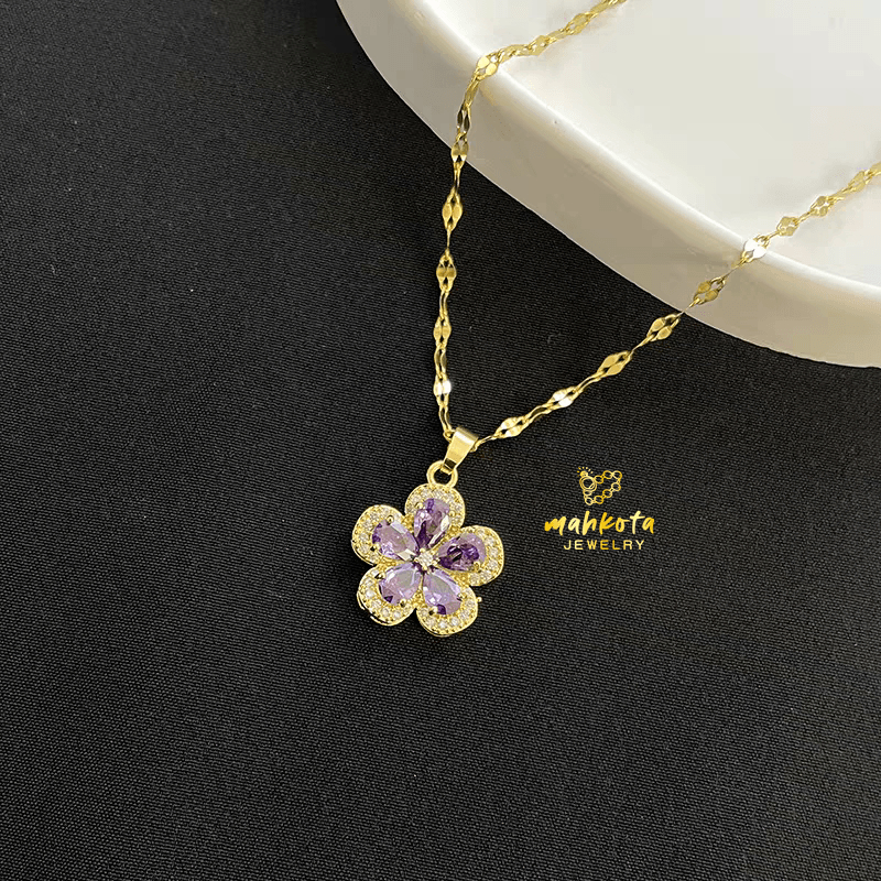 K32 Kalung Titanium Premium Wanita Rantai Pecah Kopi Liontin Bunga Ungu Beautiful Indah Korean Style