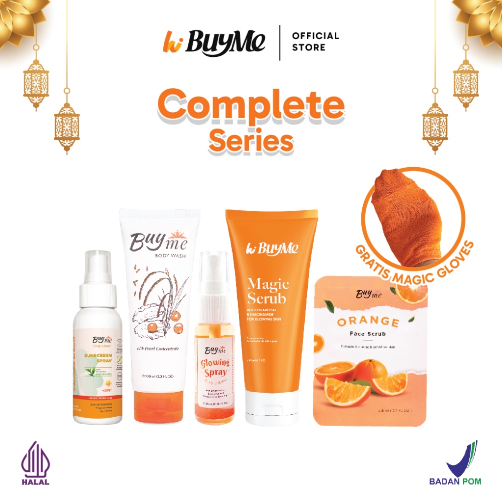 BuyMe Complete Series - Paket Skincare Sabun Sunscreen Scrub Badan Face Mist Orange Face Scrub Glove