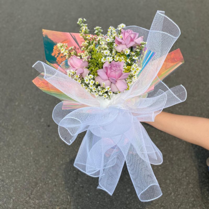 Echiiglo (Bunga Segar Asli) Viola korean bouquet buket bunga hologram mawar ungu kado cowo ultah wed