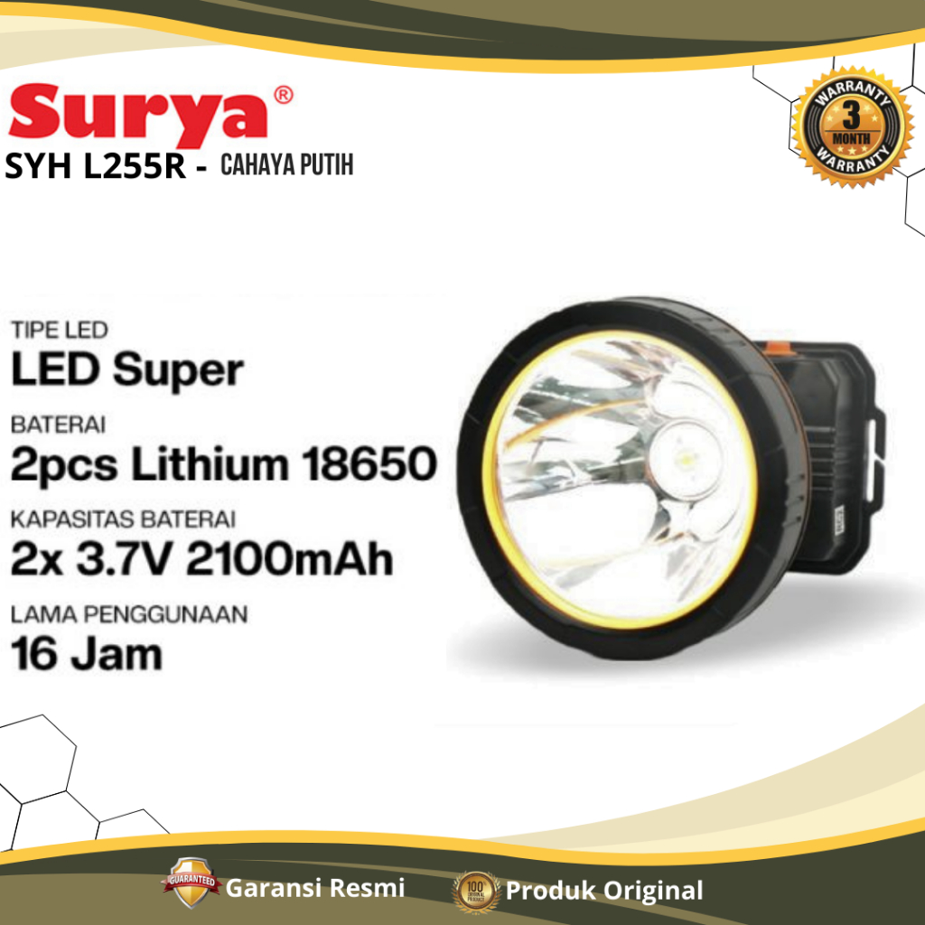 Senter Kepala SURYA L255R - L256R 25Watt Cahaya Kuning Putih / Senter Kepala Rechargeable / Senter H