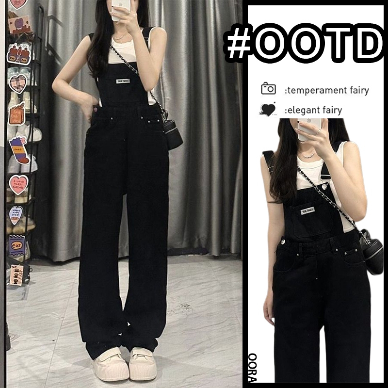 OORA Korean Style Overall Jeans Wanita Hitam Oversize Vintage Polos Premium Kekinian Casual Celana K