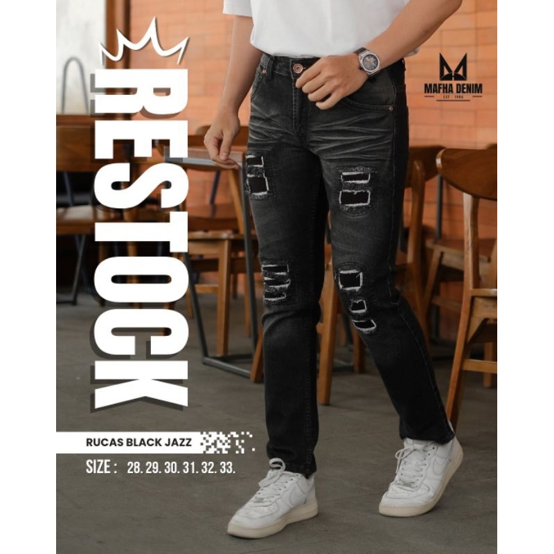 FX - Celana Jeans Pria Rucas Black Jazz Skinny Ripped Distro - Celana Jeans Pria Sobek Ripped Distro