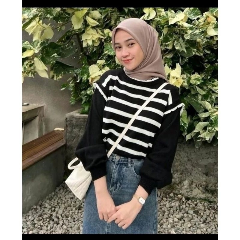 Atasan Rajut Wanita stripe>> Lengan Balon>>korea style