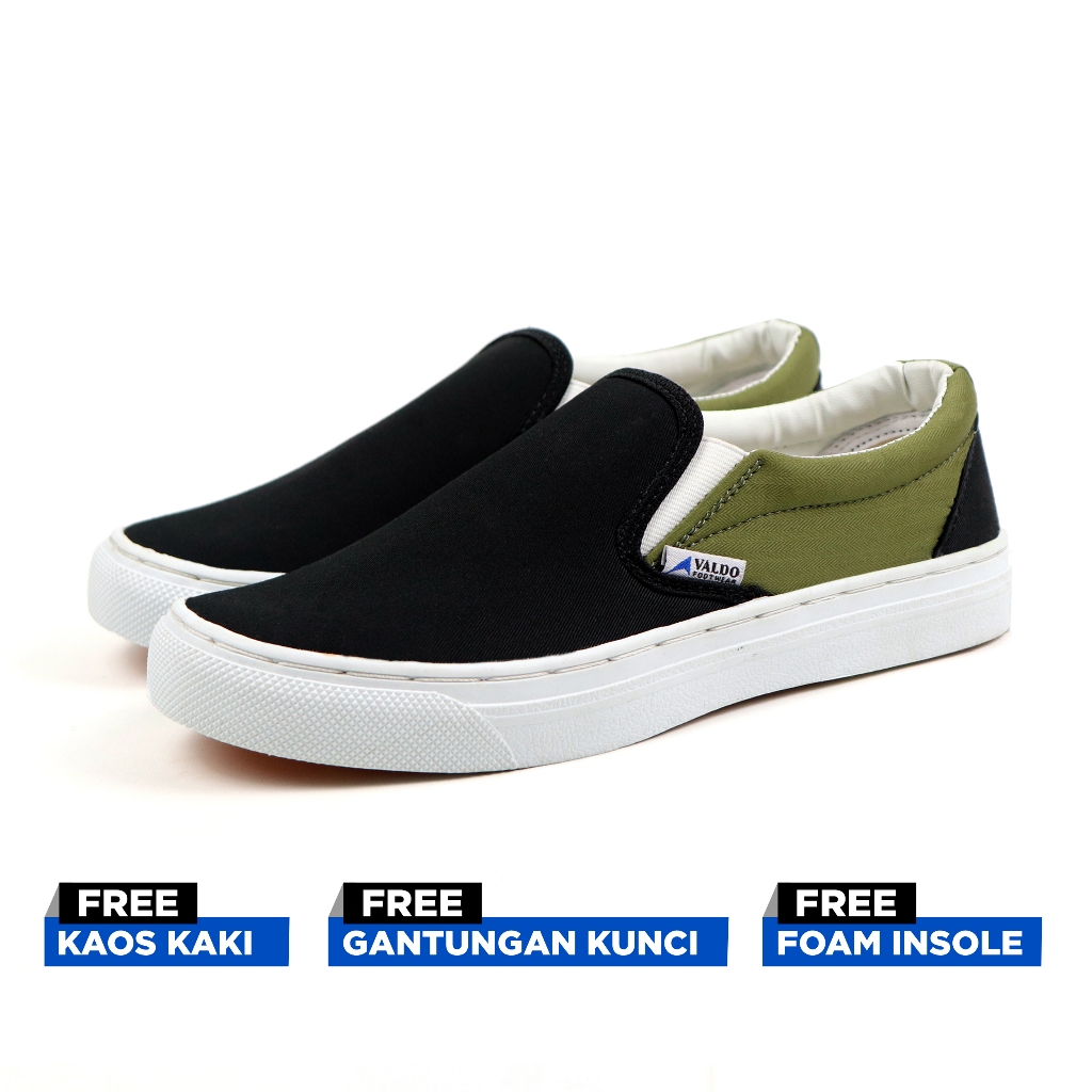 VALDOku Sepatu Pria Wanita Slip On Hitam Mix Hijau Army Casual Flat Shoes