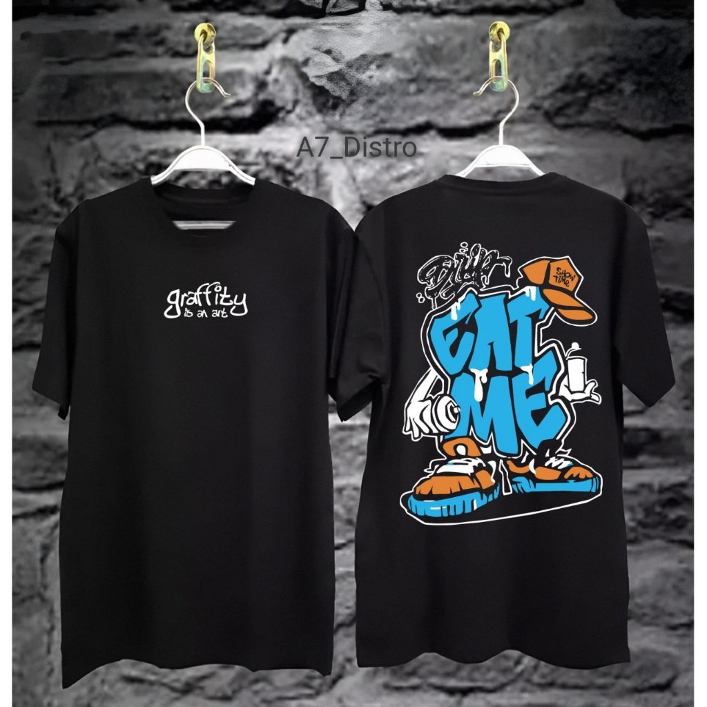 Baju Kaos Tshirt Distro Tulisan Simpel Graffity Eat Me / Kaos Oversize Pria / Kaos Oversize Pria Dis