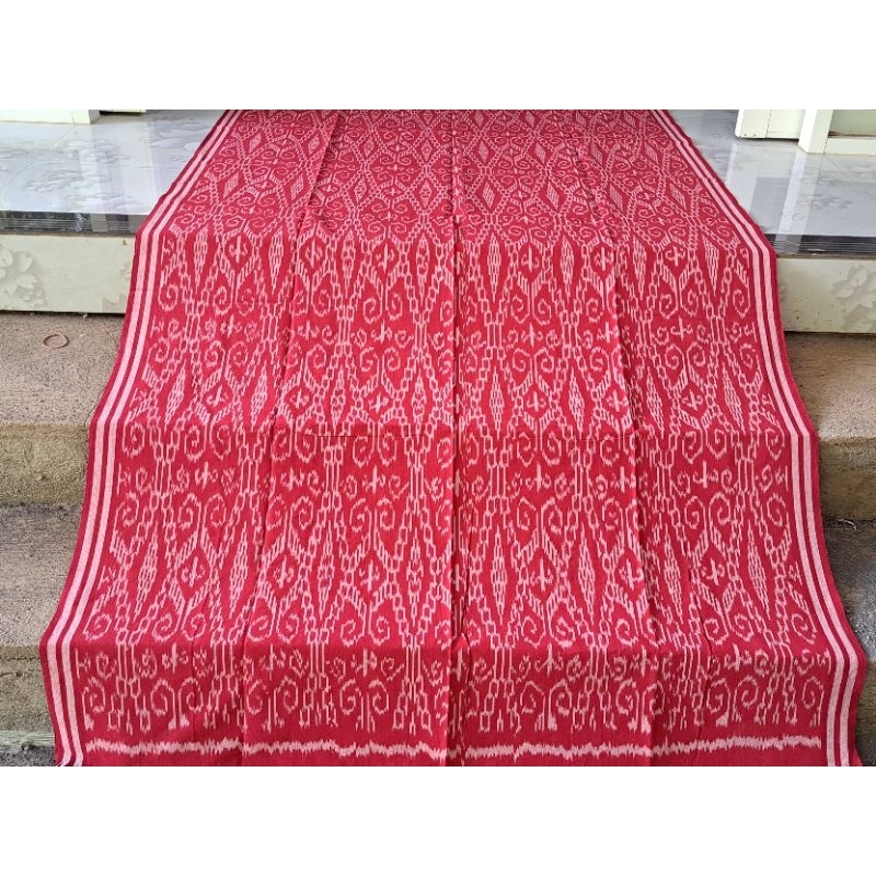 KAIN TENUN BLANKET TRADISIONAL TROSO JEPARA MOTIF SINTANG WARNA TERACOTA MERAH BIRU, KAIN BATIK TENU