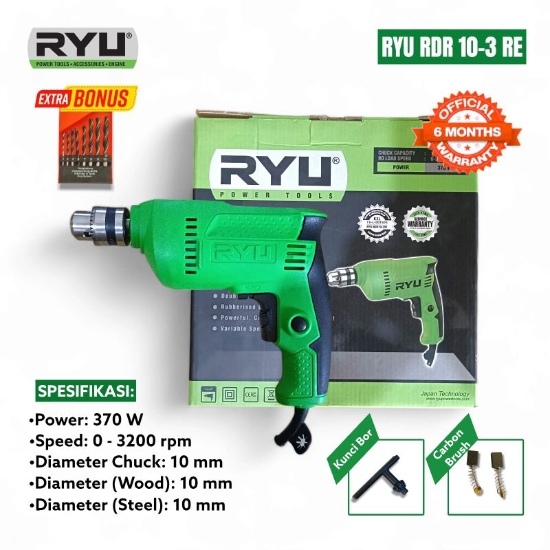 Mesin Bor Ryu RDR 10-3RE Bolak Balik & Variabel Speed Bor Listrik 10mm RYU RDR 10-3RE Bonus Mata Bor