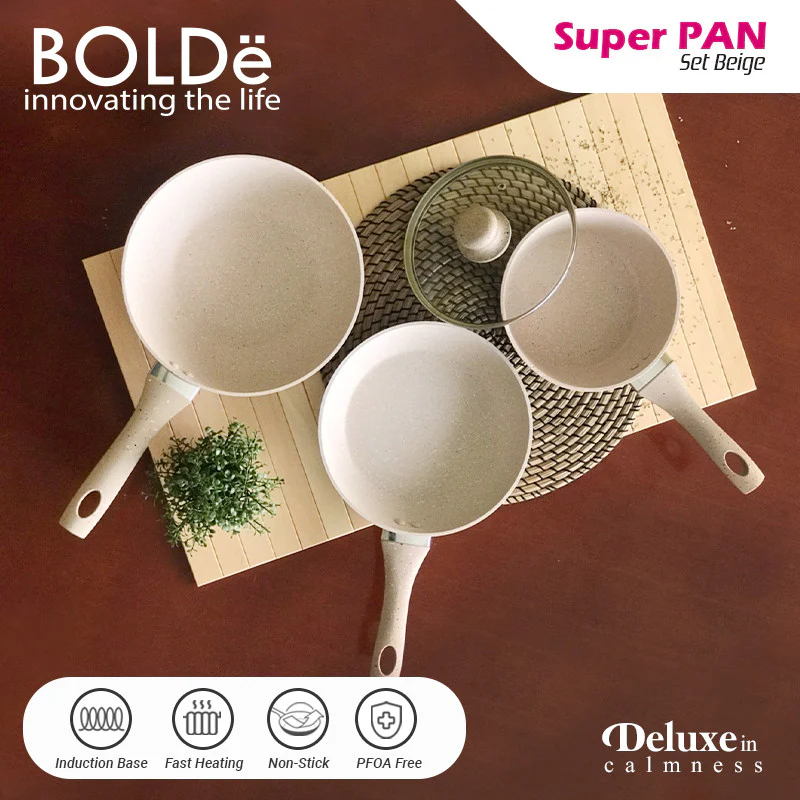 BOLDe Super PAN Granite 3+1 pcs set BEIGE Panci Keramik Anti Lengket Teflon