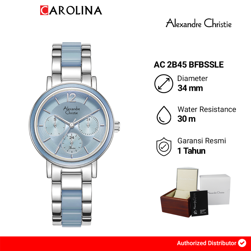 Jam Tangan Wanita Alexandre Christie Multifunction AC 2B45 BFBSSLE Blue Dial Silver Dual Tone Stainl