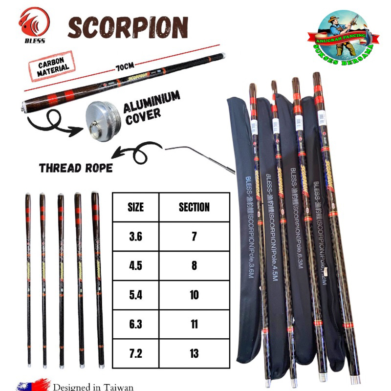 Joran Tegek BLESS Scorpion 360 450 540 630 720 Carbon Pole Ruas Panjang