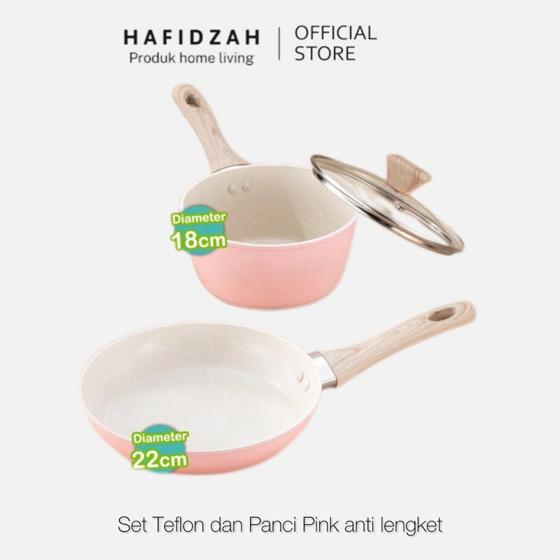 Satu Set Teflon dengan panci susu tutup kaca berwarna pink korea anti lengket