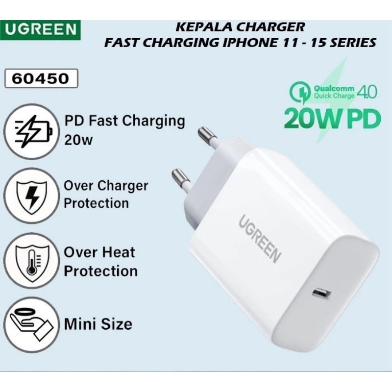 UGREEN WALL CHARGER KEPALA ADAPTOR IPHONE 20W USB TYPE C PD ORIGINAL