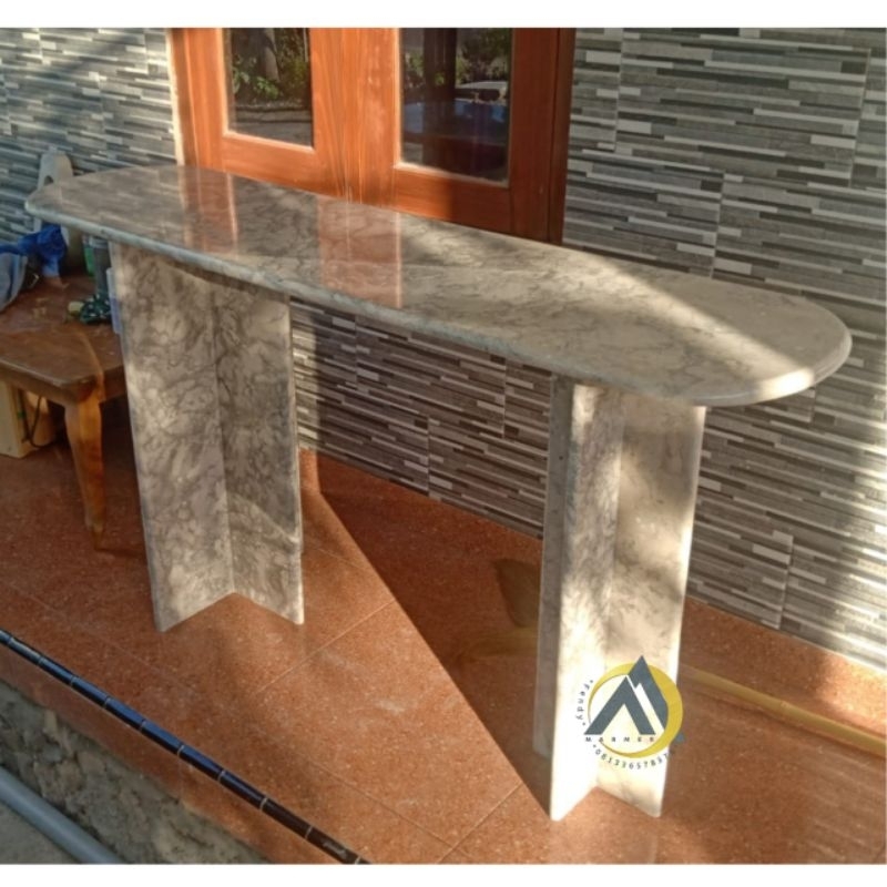 Meja konsol oval batu marmer abu abu motif kilap glossy