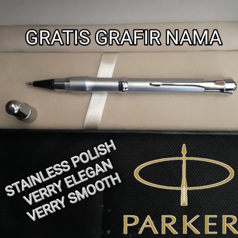 

Bollpoint Mewah Parker Stainless Polish Gragis Grafir Nama dan Box Exlusive