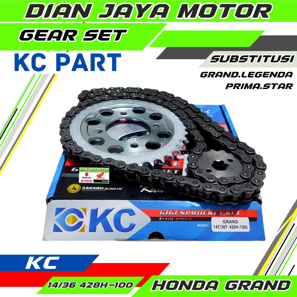 KC Gear set Girset Grand Legenda Prima Star Rantai hitam 36T 428H-100L GearSet Honda Grand SSS Model
