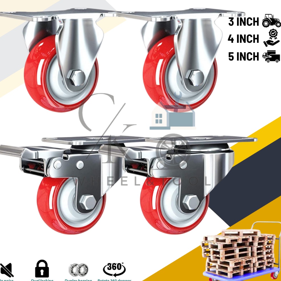 Barang Pilihan RODA CASTER PU MERAH UNTUK TROLY DENGAN BEARING MATI REM 3 4 5 INCH HEAVY DUTY SET 4 