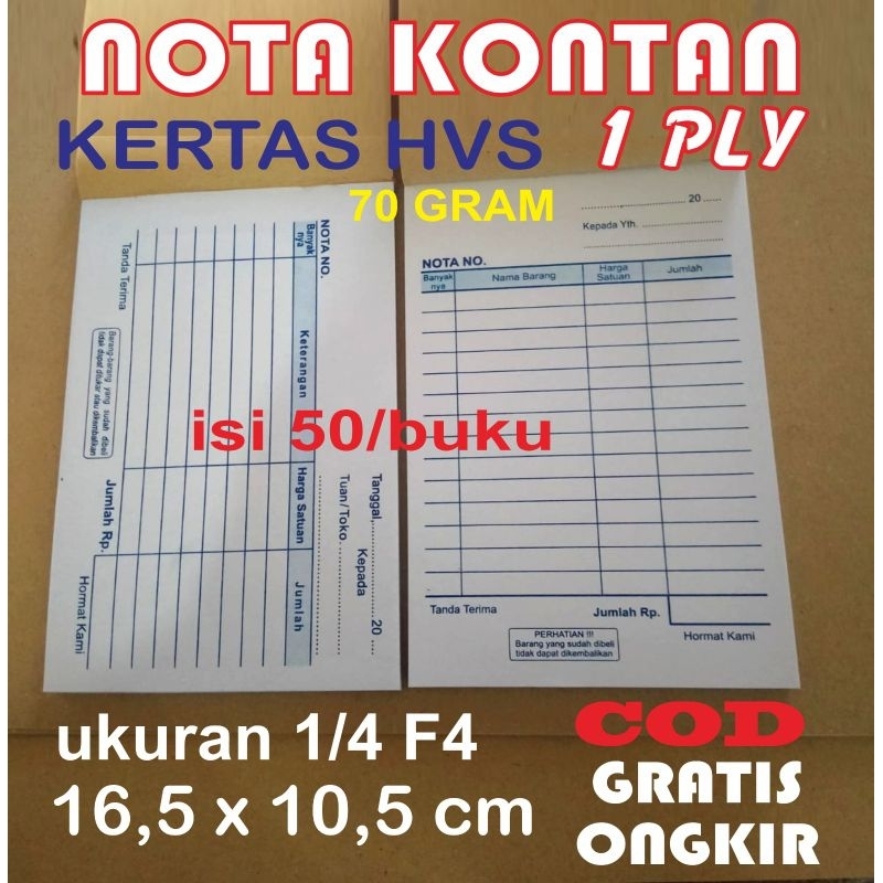 

nota kontan 1 ply hvs 70 gram .ukuran 1/4 folio. isi 50 lembar. ready stock