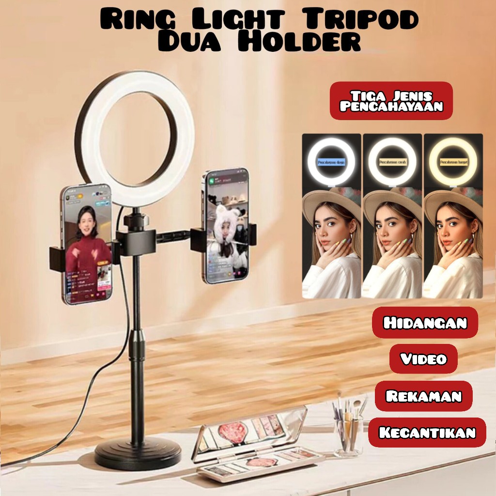 Ring Light Tripod 2 Holder Stand Handphone Ganda Live Streaming Tripod Ring Light 16cm