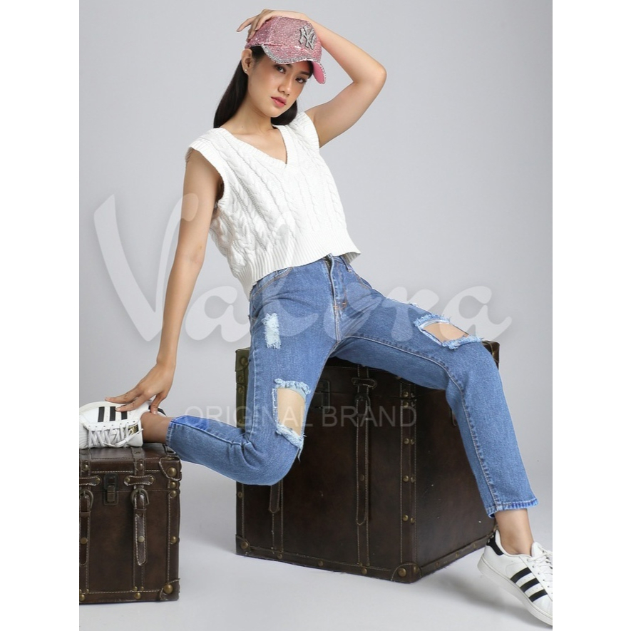 VALORA - Celana Boyfriend Jeans Wanita Highwaist Distressed DESTROYES