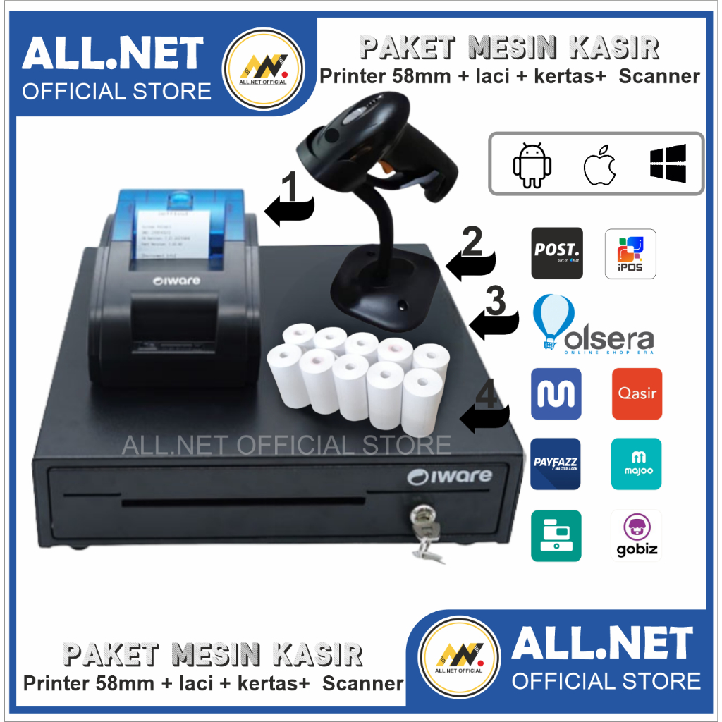 Paket Mesin Kasir Android Bluetooth IWARE JPOS 58MM Free kertas 10 ROLL Cetak Nota Kasir dan Struk