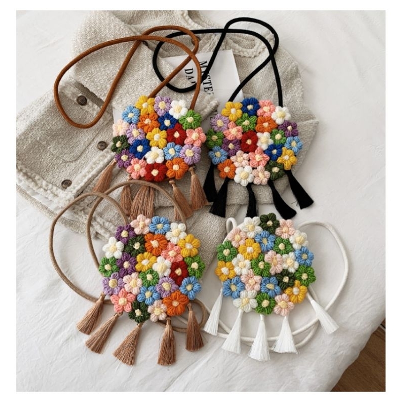 flowerpuff Sling crochet bag-tas rajut bulat selempang panjang