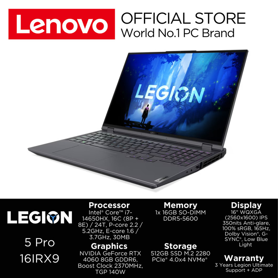 Laptop Lenovo Legion 5 16IRX9 16" WQXGA IPS 100%sRGB 165Hz / Core i7 Gen14HX / Ram 16GB / 512GB SSD 