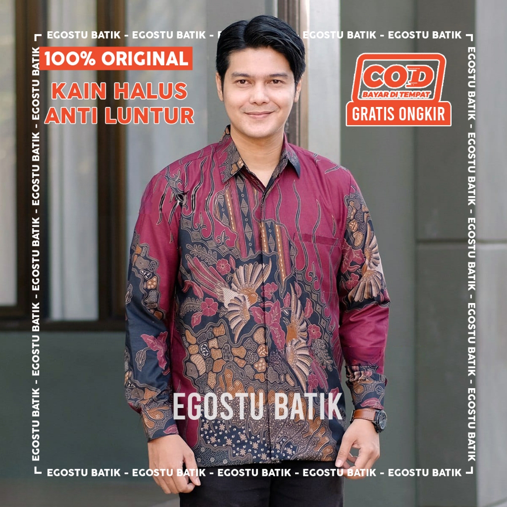 EGOSTU BATIK - Baju Batik Pria Lengan Panjang Kemeja Dewasa Merah Maroon M-L-XL-XXL