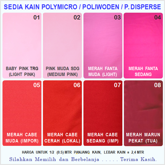 Kain Polymicro Warna Merah Cabe,  Merah Marun (MAROON),  Merah Fanta Sedang, Merah Fanta Muda,  PINK