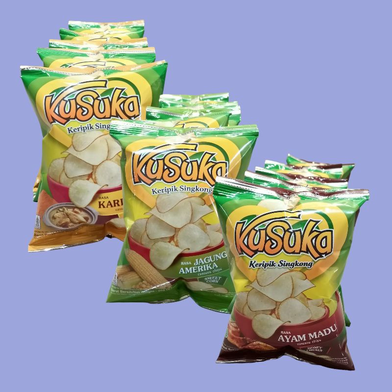 

KUSUKA Keripik Singkong Ayam Madu, Kari Ayam, Jagung Amerika 20gr (10 pcs/renceng)