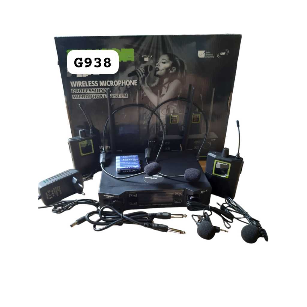 G938 MICROPHONE RECEIVER JEPIT DUAL MIC BANDO WIRELES MIK MIX PROPESIONAL UHF SYSTEM WIRELES CLIP ON