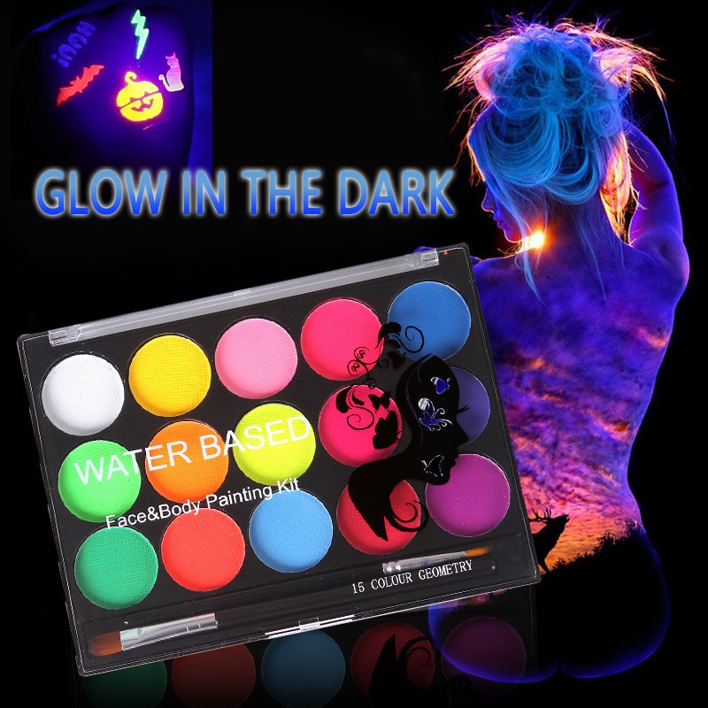 

Cat Wajah Fluoresen 16 warna Water Activated SFX Makeup Palette Safe Non Toxic Body Painting Pemula Practice board for facepainting