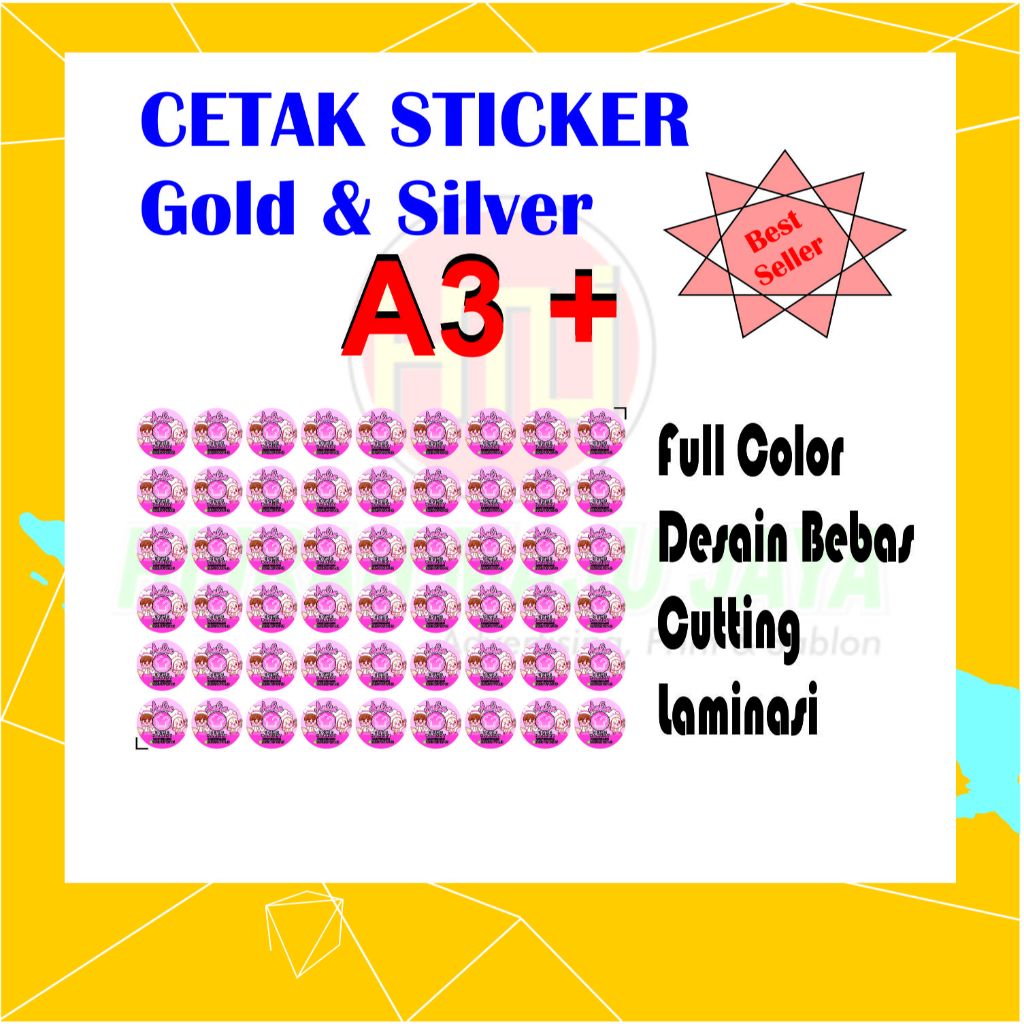

Print Cetak Sticker Silver / Gold A3+, Cutting Murah