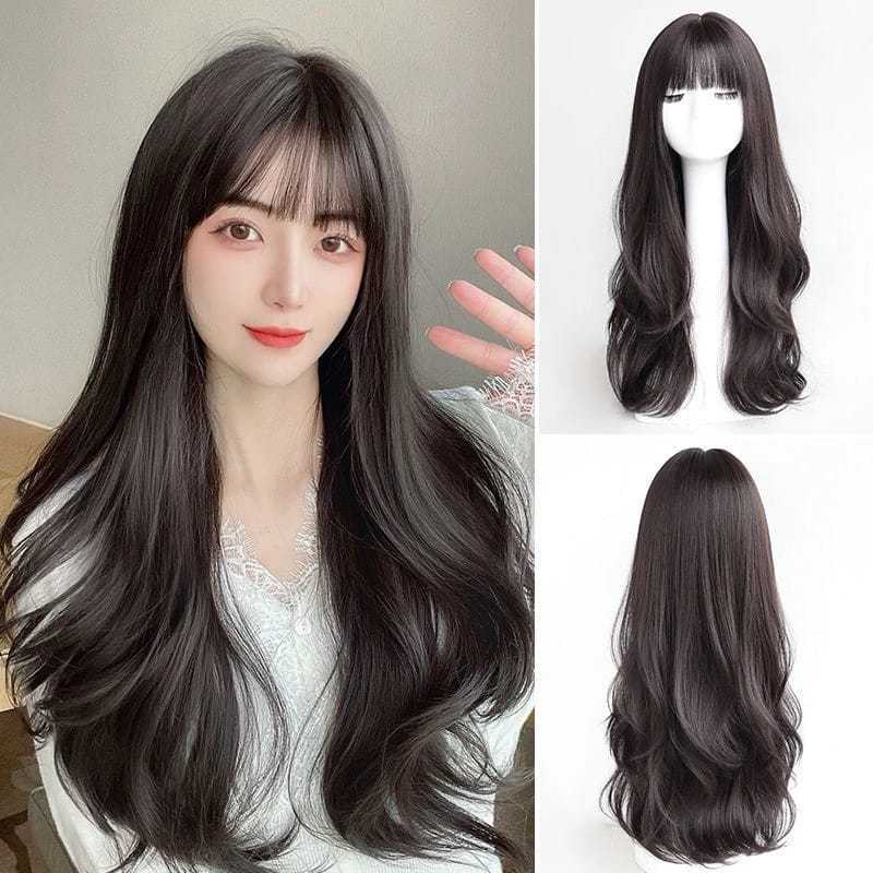 Wig curly panjang poni depan wig panjang wig smoothing
