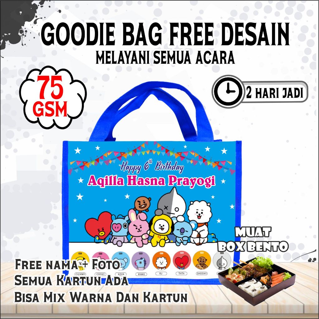 

TAS MUAT BOX BENTO BERGAMBAR BT 21/PEMBUNGKUS ULANG TAHUN/SOVENIR ULANG TAHUN/ FREE DESAIN